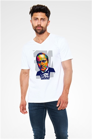Godfather Beyaz Unisex V Yaka Tişört