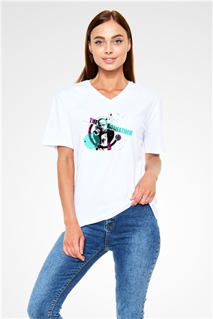 Godfather Beyaz Unisex V Yaka Tişört T-Shirt