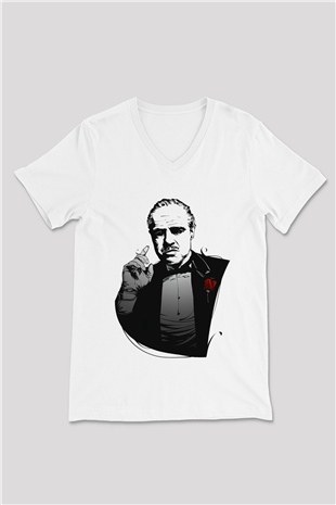 Godfather Beyaz Unisex V Yaka Tişört T-Shirt