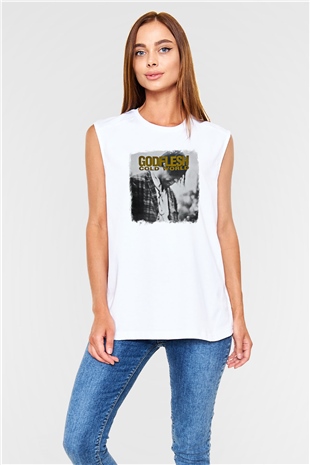 Godflesh Baskılı Unisex Beyaz Kolsuz Tişört