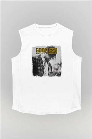 Godflesh Baskılı Unisex Beyaz Kolsuz Tişört