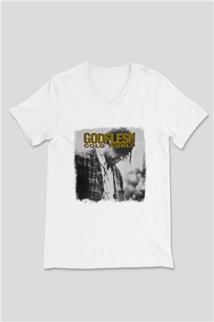 Godflesh Baskılı Unisex Beyaz V Yaka Tişört