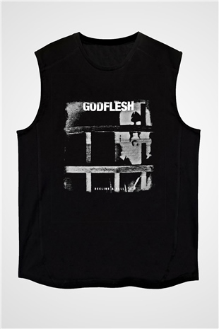 Godflesh Baskılı Unisex Siyah Kolsuz Tişört