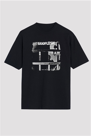 Godflesh Baskılı Unisex Siyah Oversize Tişört