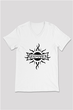 Godsmack Beyaz Unisex V Yaka Tişört T-Shirt