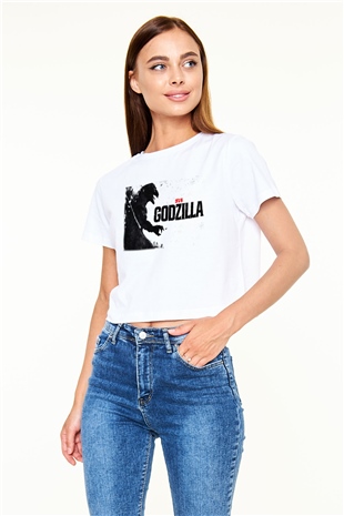 Godzilla Beyaz Croptop Tişört