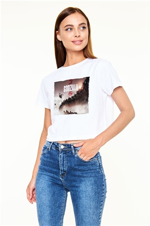 Godzilla Beyaz Croptop Tişört