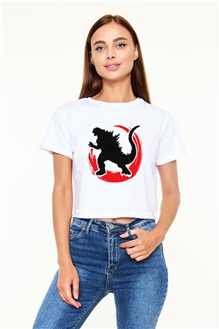 Godzilla Beyaz Croptop Tişört