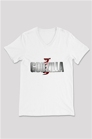 Godzilla Beyaz Unisex V Yaka Tişört T-Shirt