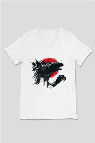 Godzilla Beyaz Unisex V Yaka Tişört T-Shirt