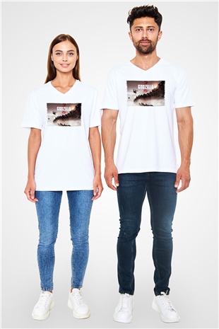 Godzilla Beyaz Unisex V Yaka Tişört T-Shirt