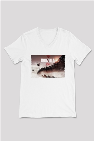 Godzilla Beyaz Unisex V Yaka Tişört T-Shirt