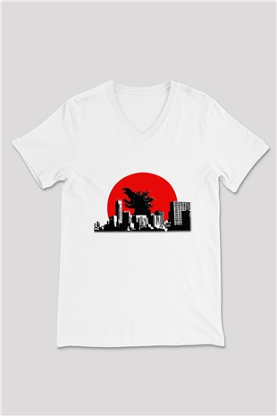 Godzilla Beyaz Unisex V Yaka Tişört T-Shirt