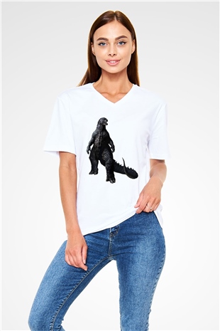 Godzilla Beyaz Unisex V Yaka Tişört T-Shirt