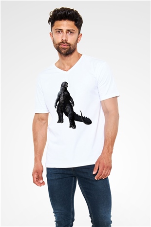 Godzilla Beyaz Unisex V Yaka Tişört T-Shirt