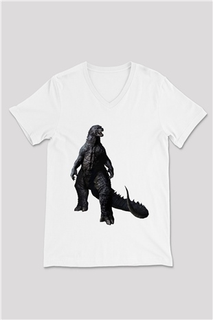 Godzilla Beyaz Unisex V Yaka Tişört T-Shirt