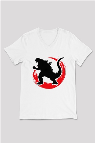 Godzilla Beyaz Unisex V Yaka Tişört T-Shirt