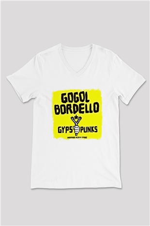 Gogol Bordello Baskılı Unisex Beyaz V Yaka Tişört
