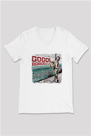 Gogol Bordello Baskılı Unisex Beyaz V Yaka Tişört