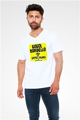 Gogol Bordello Baskılı Unisex Beyaz V Yaka Tişört