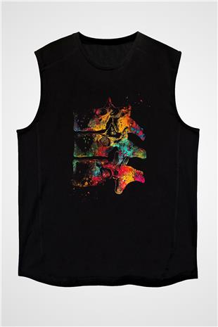 Göğüs Omurları Baskılı Unisex Kolsuz Siyah Tişört - Tshirt