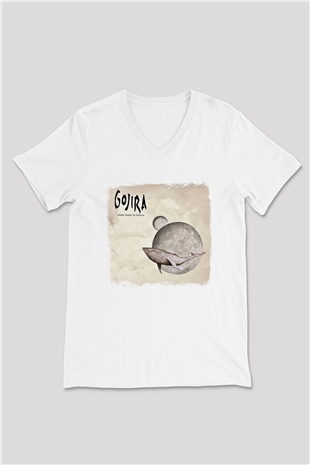 Gojira Baskılı Unisex Beyaz V Yaka Tişört