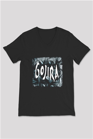 Gojira Baskılı Unisex Siyah V Yaka Tişört