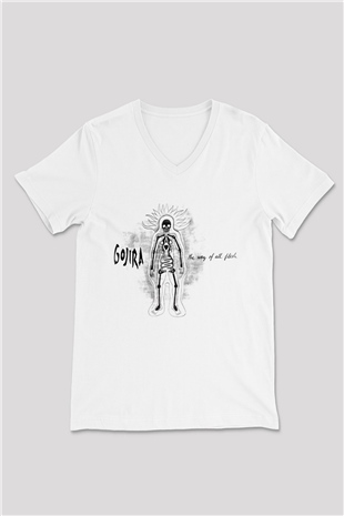 Gojira Beyaz Unisex V Yaka Tişört T-Shirt