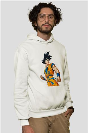 Goku Baskılı Beyaz Unisex Hoodie