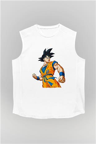 Goku Baskılı Beyaz Unisex Kolsuz Tişört - Tshirt