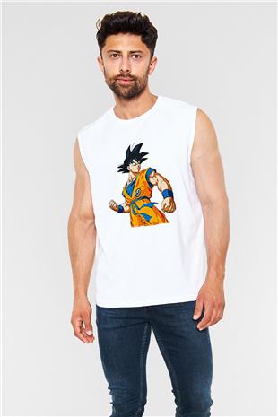 Goku Baskılı Beyaz Unisex Kolsuz Tişört - Tshirt
