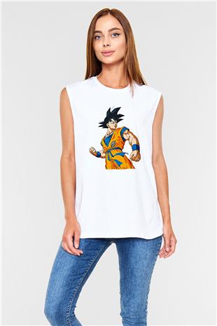 Goku Baskılı Beyaz Unisex Kolsuz Tişört - Tshirt