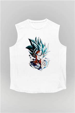 Goku Baskılı Beyaz Unisex Kolsuz Tişört - Tshirt