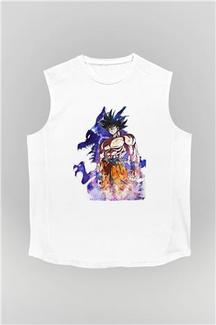 Goku Baskılı Beyaz Unisex Kolsuz Tişört - Tshirt
