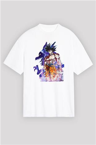 Goku Baskılı Beyaz Unisex Oversize Tişört - Tshirt