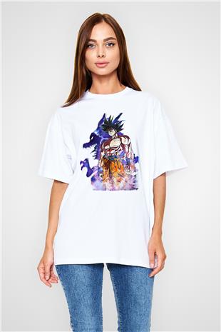 Goku Baskılı Beyaz Unisex Oversize Tişört - Tshirt