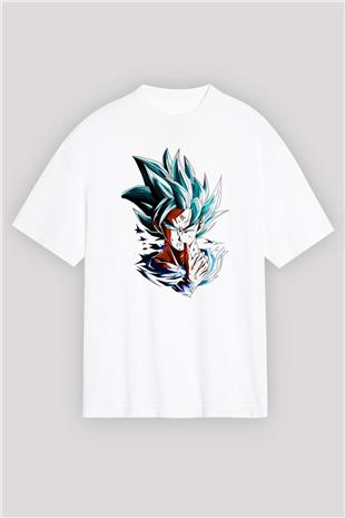 Goku Baskılı Beyaz Unisex Oversize Tişört - Tshirt