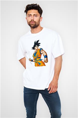 Goku Baskılı Beyaz Unisex Oversize Tişört - Tshirt