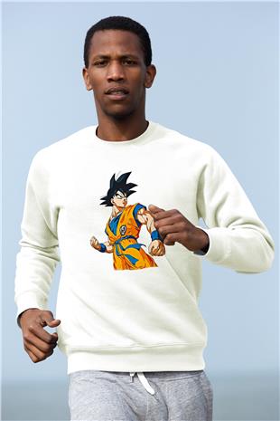 Goku Baskılı Beyaz Unisex Sweatshirt