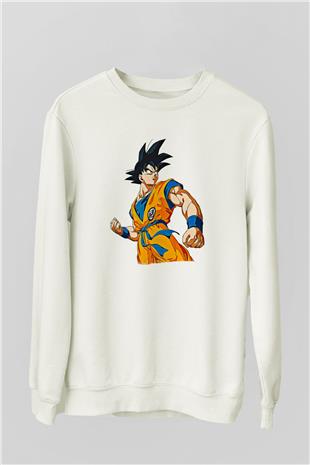 Goku Baskılı Beyaz Unisex Sweatshirt