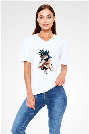 Goku Baskılı Beyaz Unisex V Yaka Tişört - Tshirt