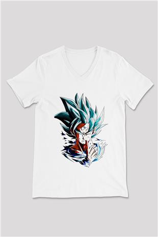 Goku Baskılı Beyaz Unisex V Yaka Tişört - Tshirt