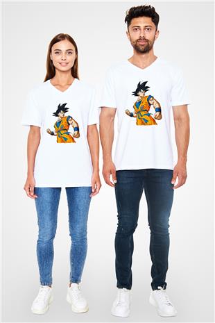 Goku Baskılı Beyaz Unisex V Yaka Tişört - Tshirt