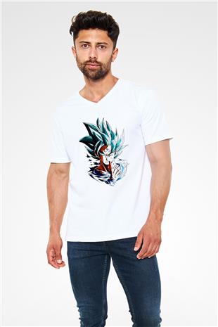 Goku Baskılı Beyaz Unisex V Yaka Tişört - Tshirt