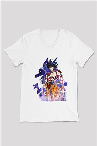 Goku Baskılı Beyaz Unisex V Yaka Tişört - Tshirt