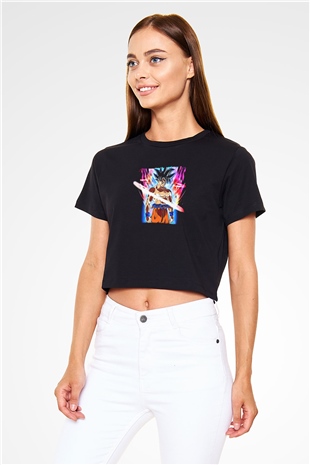 Goku Baskılı Siyah Crop Top Kadın Tişört - Tshirt
