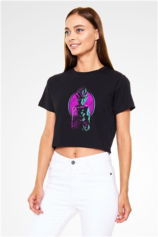Goku Baskılı Siyah Crop Top Kadın Tişört - Tshirt