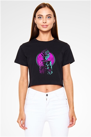 Goku Baskılı Siyah Crop Top Kadın Tişört - Tshirt