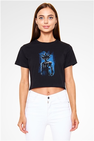 Goku Baskılı Siyah Crop Top Kadın Tişört - Tshirt