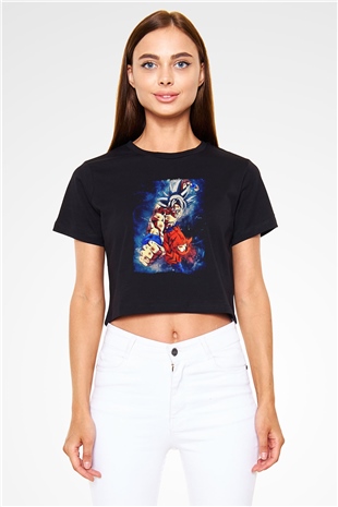 Goku Baskılı Siyah Crop Top Kadın Tişört - Tshirt